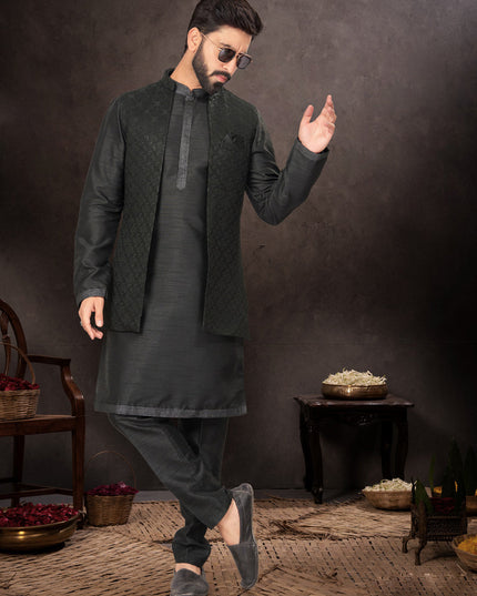 Black Mens Kurta Pajama Set With Jacket