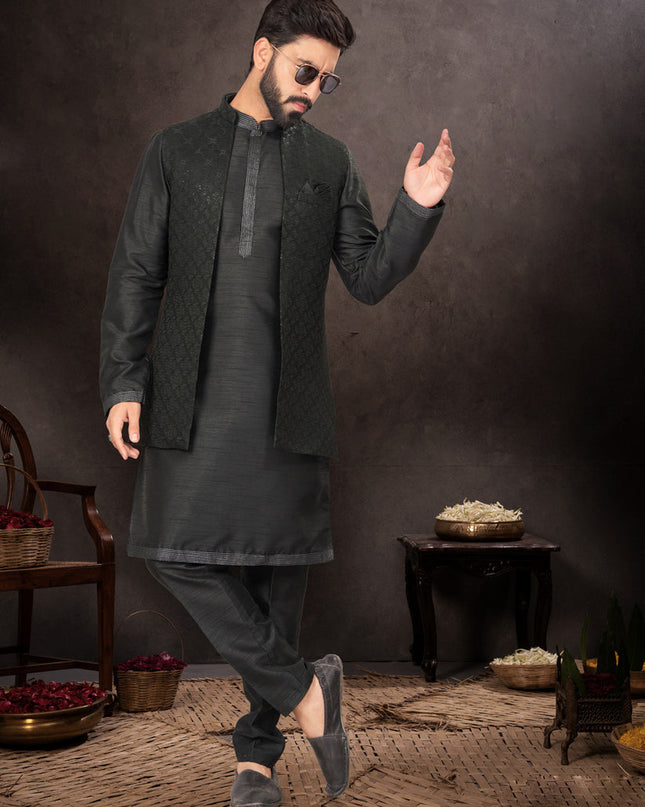 Black Mens Kurta Pajama Set With Jacket