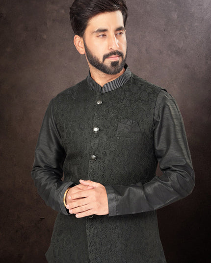 Black Mens Kurta Pajama Set With Jacket
