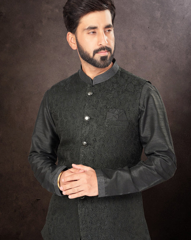 Black Mens Kurta Pajama Set With Jacket