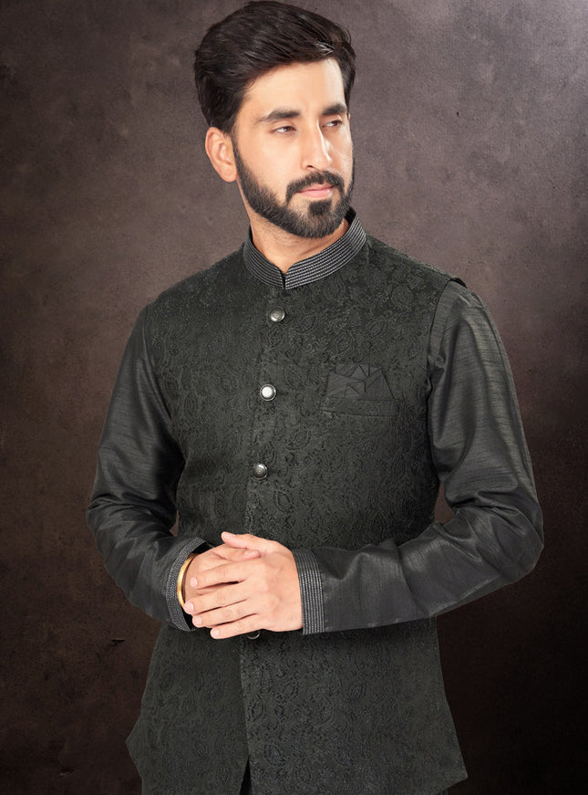 Black Mens Kurta Pajama Set With Jacket