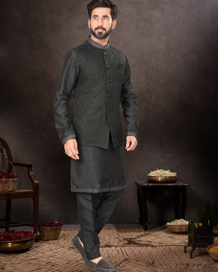 Black Mens Kurta Pajama Set With Jacket