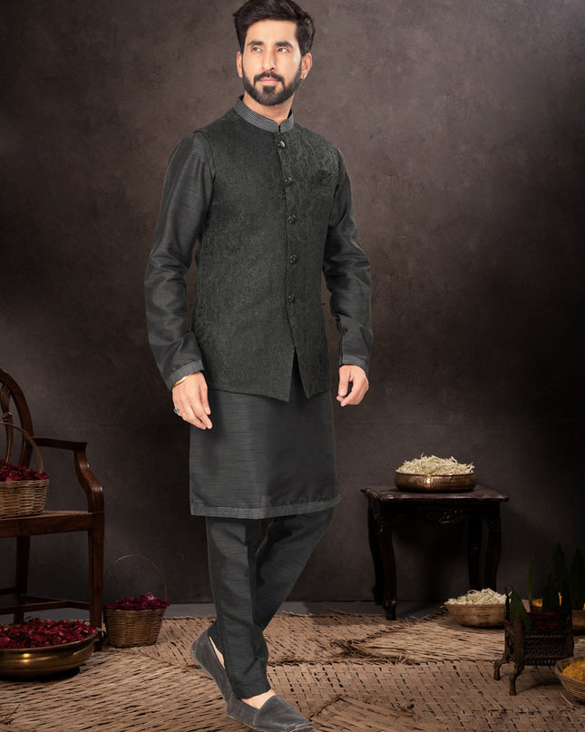 Black Mens Kurta Pajama Set With Jacket