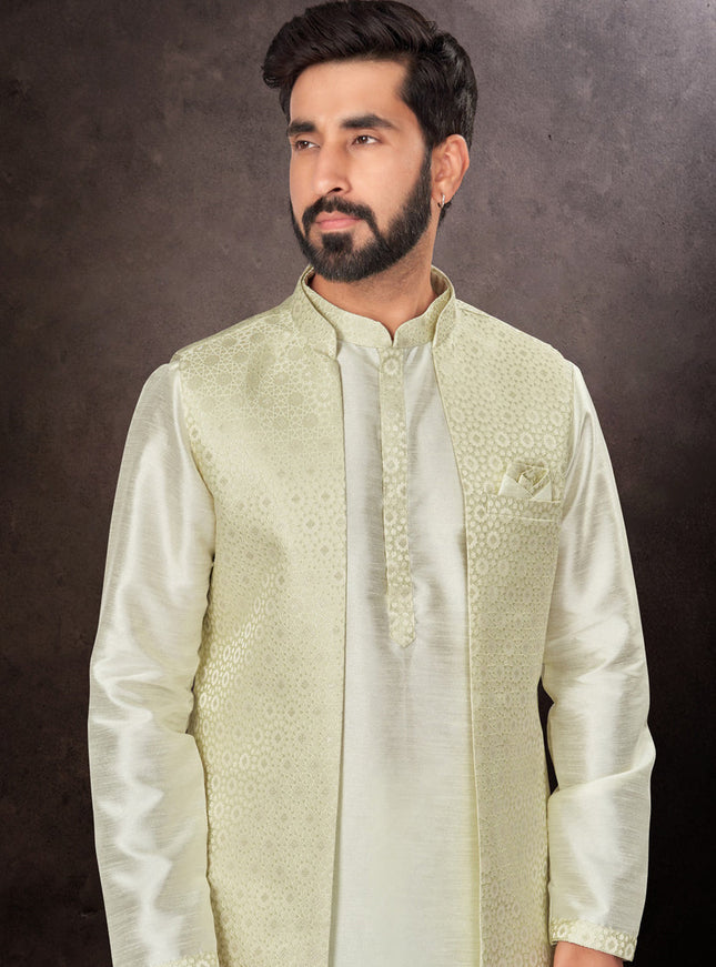 Pastel Green Mens Kurta Pajama Set With Jacket