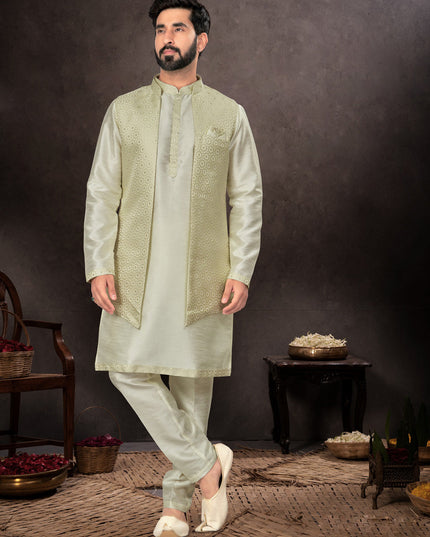 Pastel Green Mens Kurta Pajama Set With Jacket