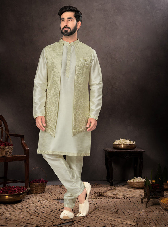 Pastel Green Mens Kurta Pajama Set With Jacket
