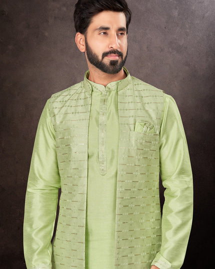 Parrot Green Mens Kurta Pajama Set With Jacket