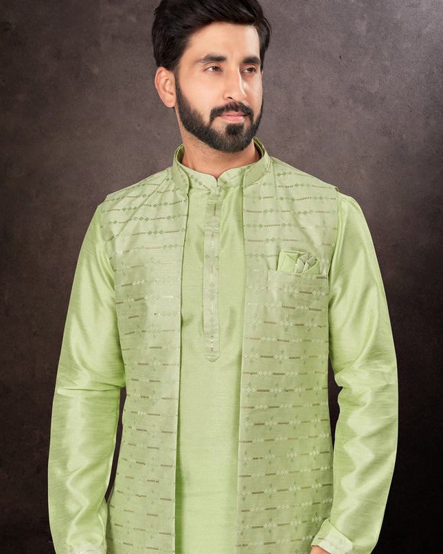 Parrot Green Mens Kurta Pajama Set With Jacket