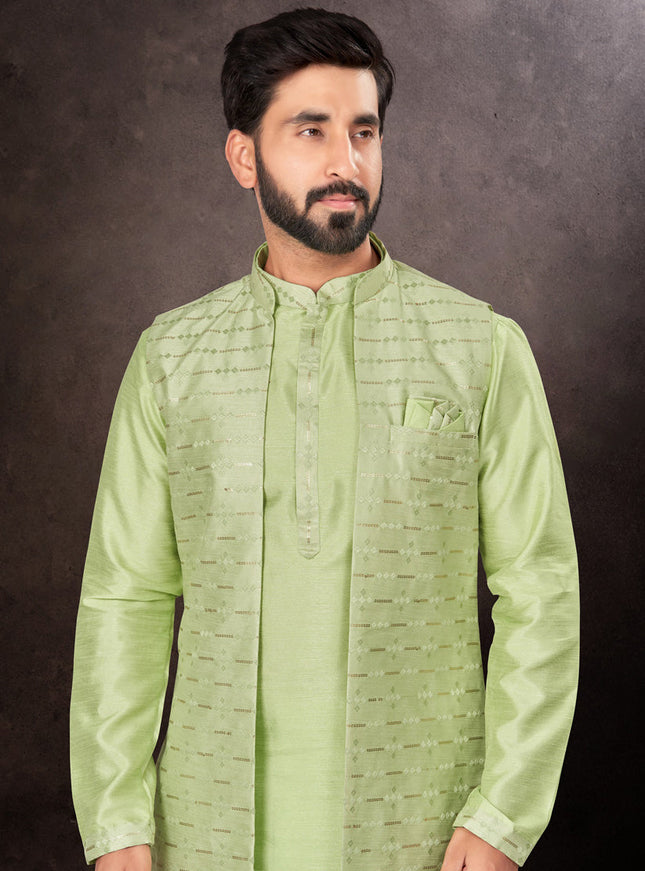 Parrot Green Mens Kurta Pajama Set With Jacket