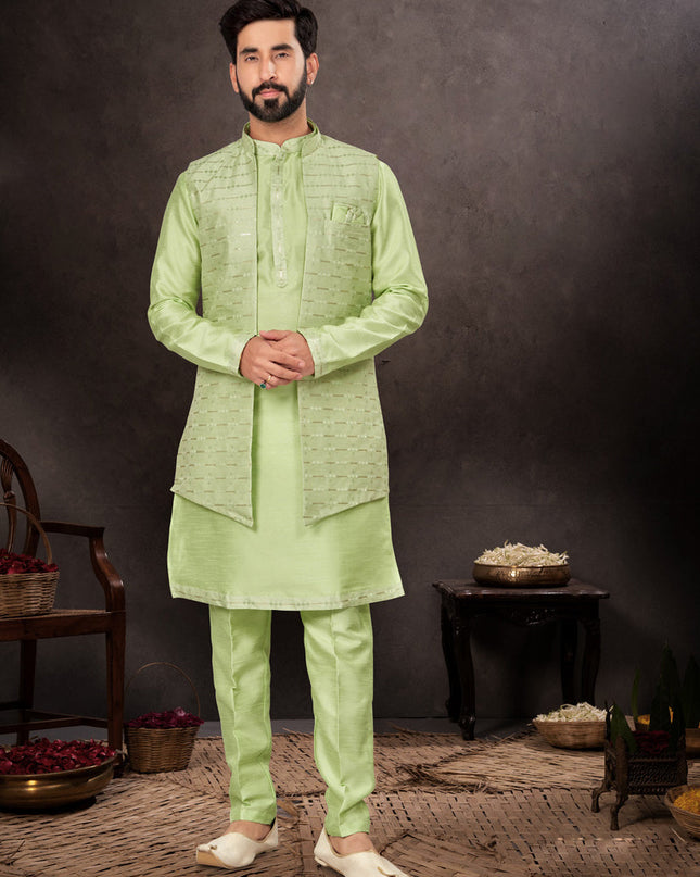 Parrot Green Mens Kurta Pajama Set With Jacket