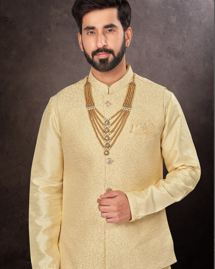 Light Yellow Mens Kurta Pajama Set With Jacket