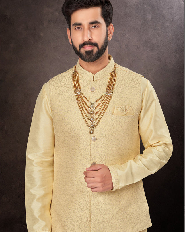 Light Yellow Mens Kurta Pajama Set With Jacket