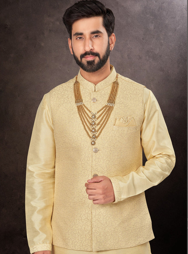 Light Yellow Mens Kurta Pajama Set With Jacket