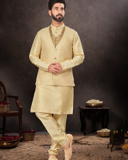 Light Yellow Mens Kurta Pajama Set With Jacket