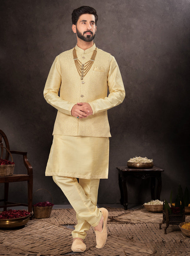Light Yellow Mens Kurta Pajama Set With Jacket