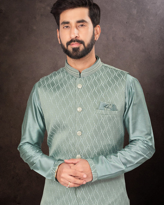 Teal Grey Mens Kurta Pajama Set With Jacket