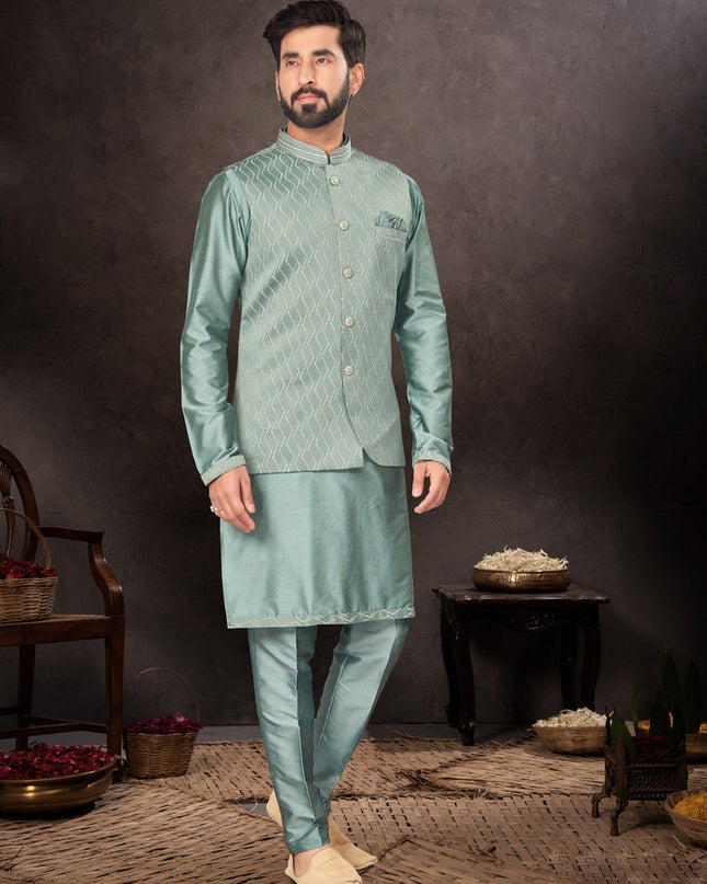 Teal Grey Mens Kurta Pajama Set With Jacket