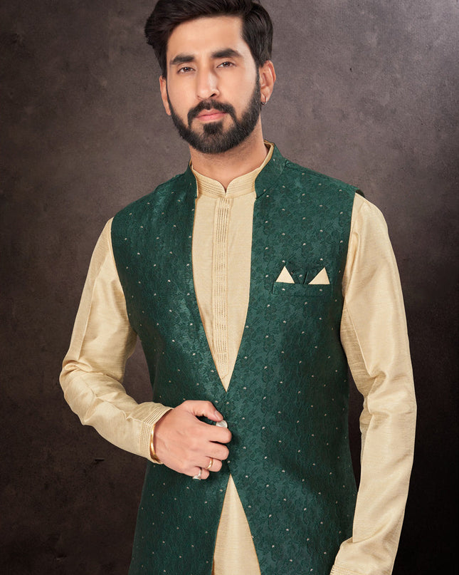 Beige Mens Kurta Pajama Set With Jacket