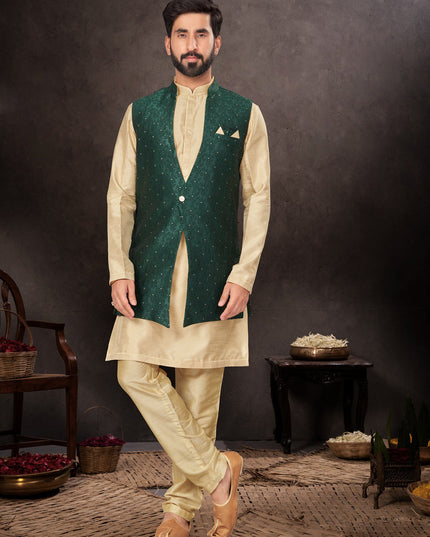 Beige Mens Kurta Pajama Set With Jacket