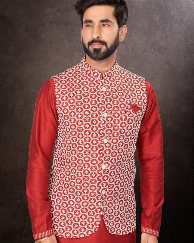 Maroon Mens Kurta Pajama Set With Jacket