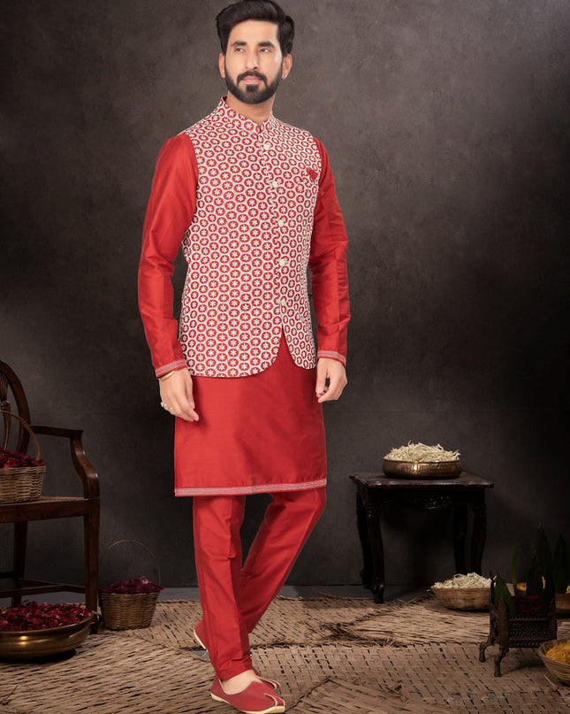 Maroon Mens Kurta Pajama Set With Jacket