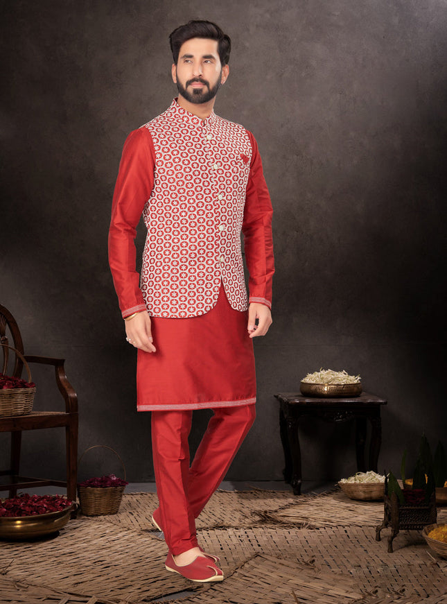 Maroon Mens Kurta Pajama Set With Jacket