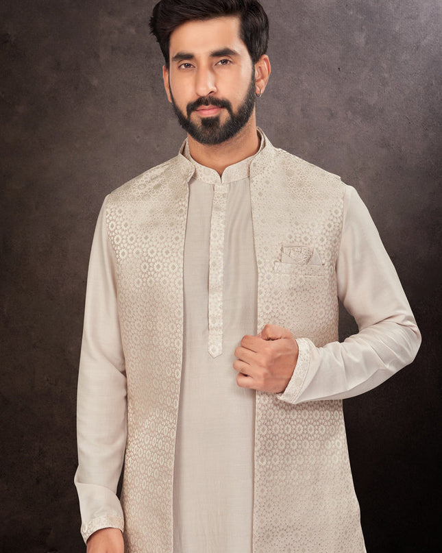 Beige Mens Kurta Pajama Set With Jacket
