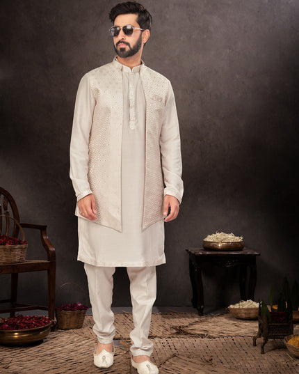 Beige Mens Kurta Pajama Set With Jacket
