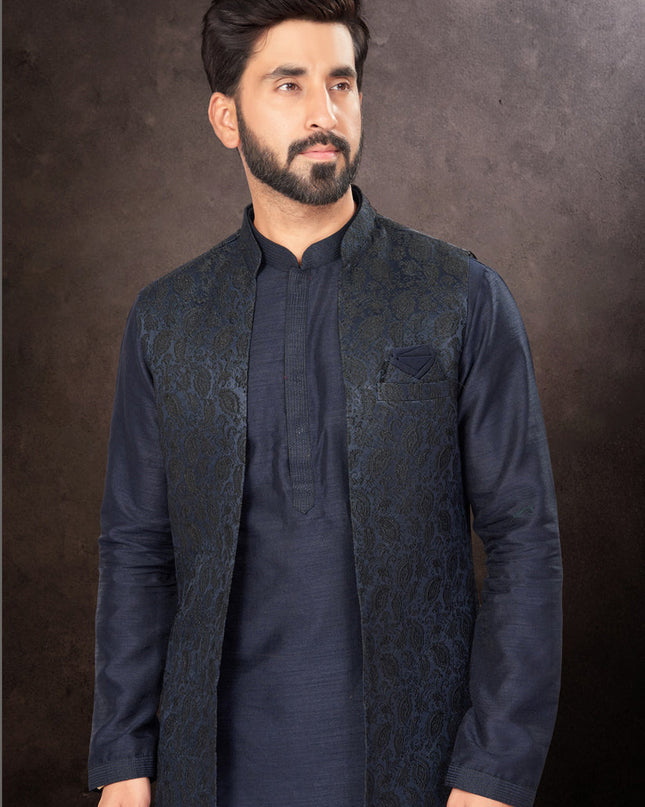 Navy Blue Mens Kurta Pajama Set With Jacket