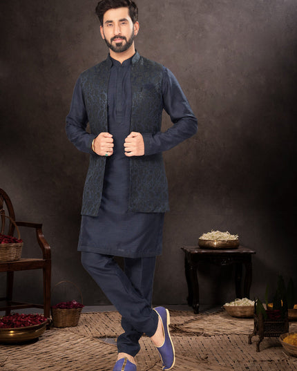 Navy Blue Mens Kurta Pajama Set With Jacket