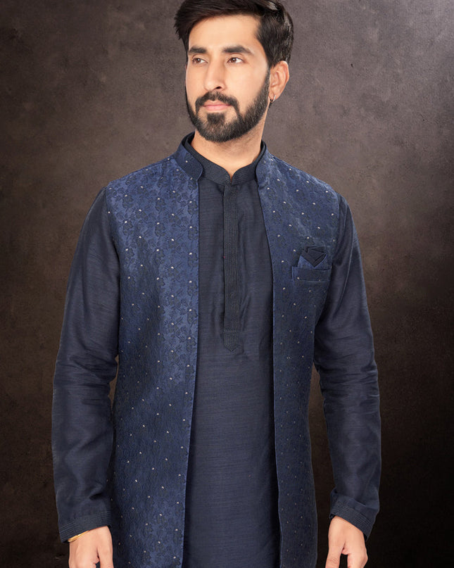 Navy Blue Mens Kurta Pajama Set With Jacket