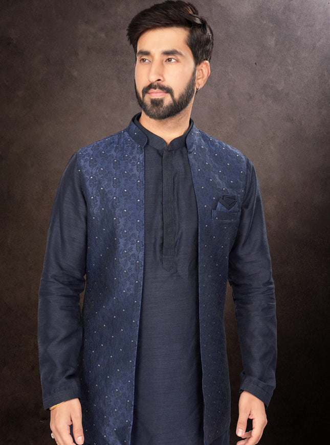 Navy Blue Mens Kurta Pajama Set With Jacket
