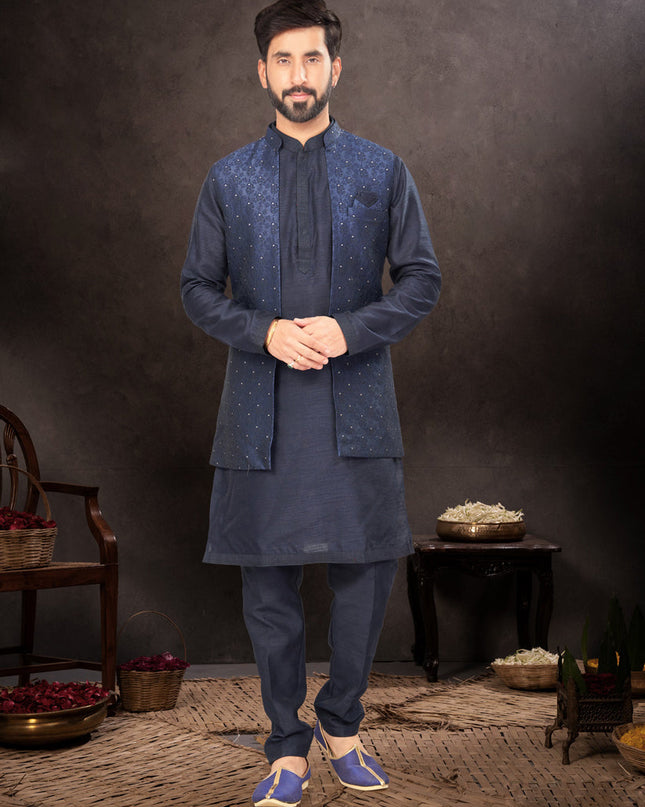Navy Blue Mens Kurta Pajama Set With Jacket