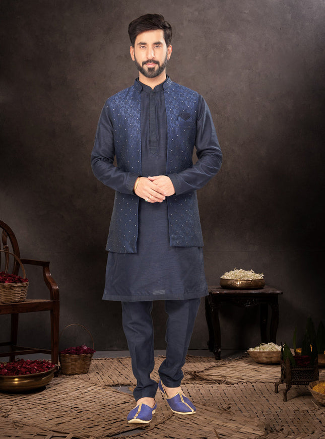 Navy Blue Mens Kurta Pajama Set With Jacket