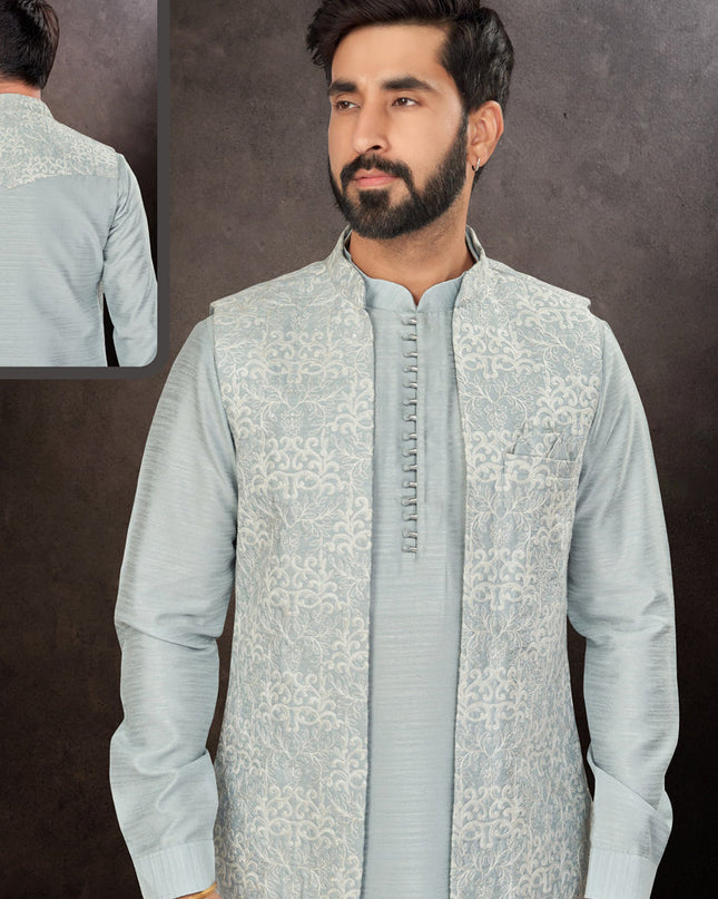 Light Grey Mens Kurta Pajama Set With Jacket