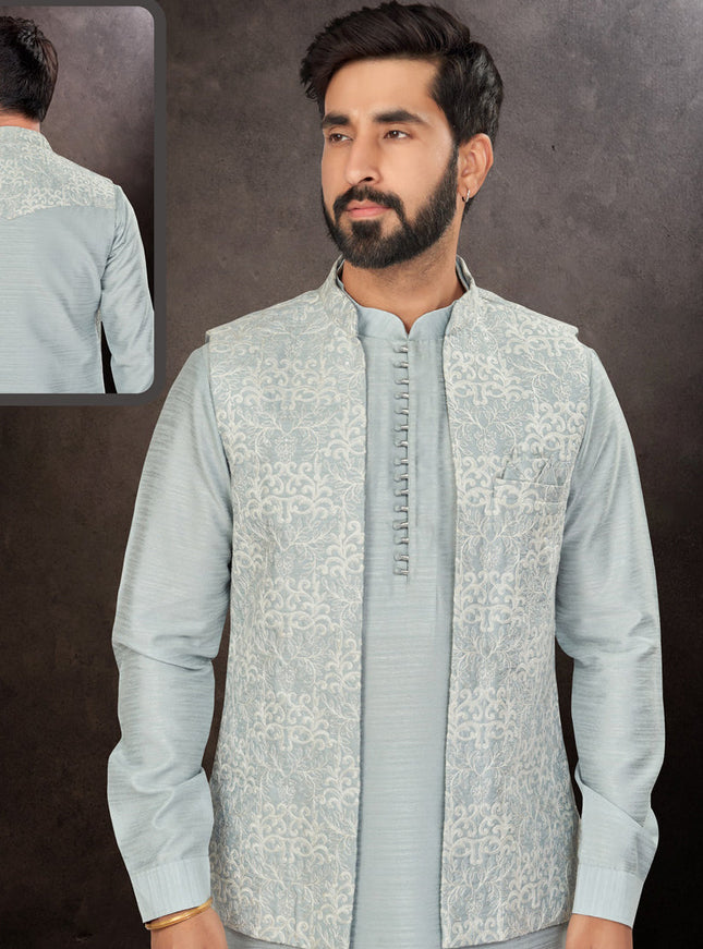 Light Grey Mens Kurta Pajama Set With Jacket