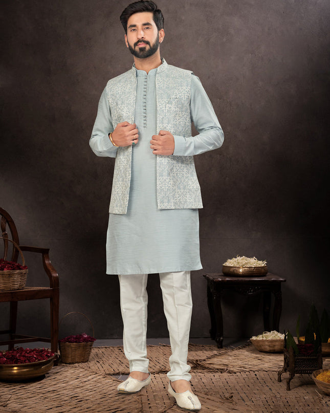 Light Grey Mens Kurta Pajama Set With Jacket
