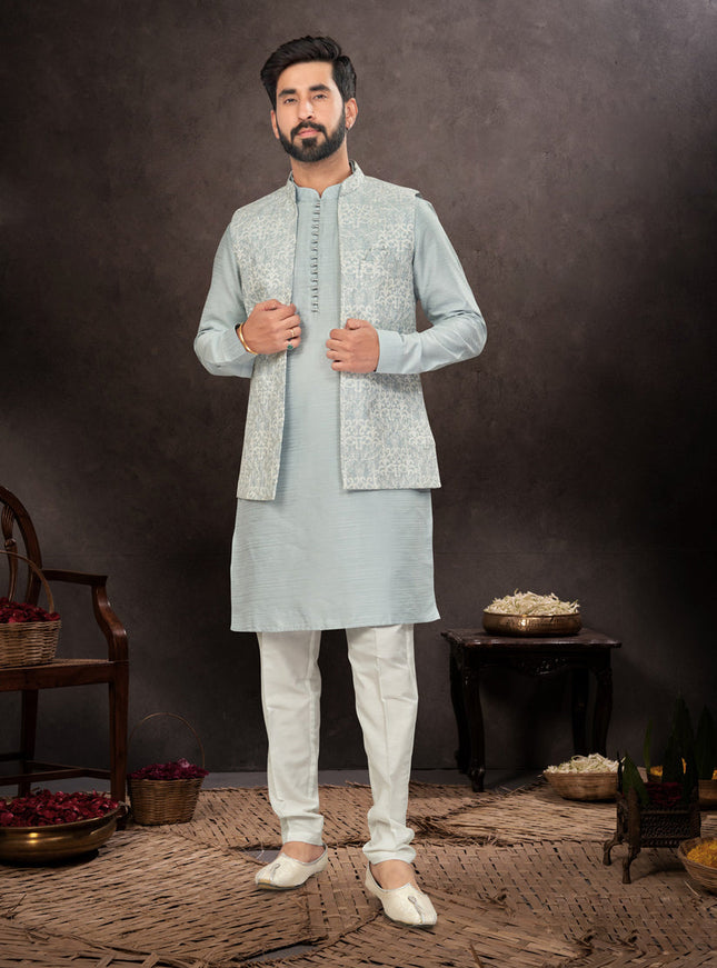 Light Grey Mens Kurta Pajama Set With Jacket