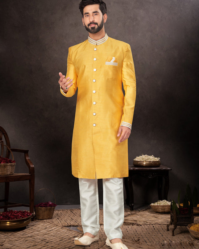 Golden Yellow Mens Designer Indo Western