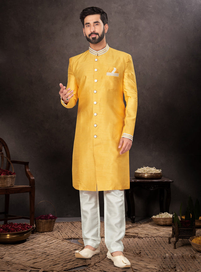 Golden Yellow Mens Designer Indo Western