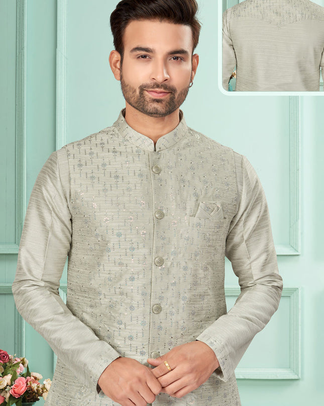 Grey Mens Kurta Pajama Set With Jacket