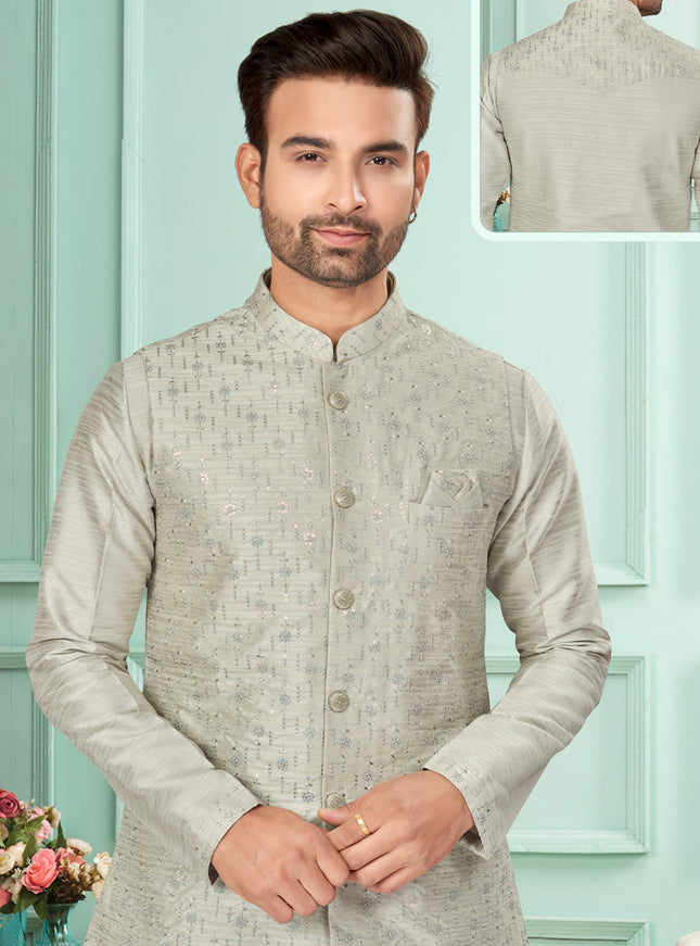 Grey Mens Kurta Pajama Set With Jacket