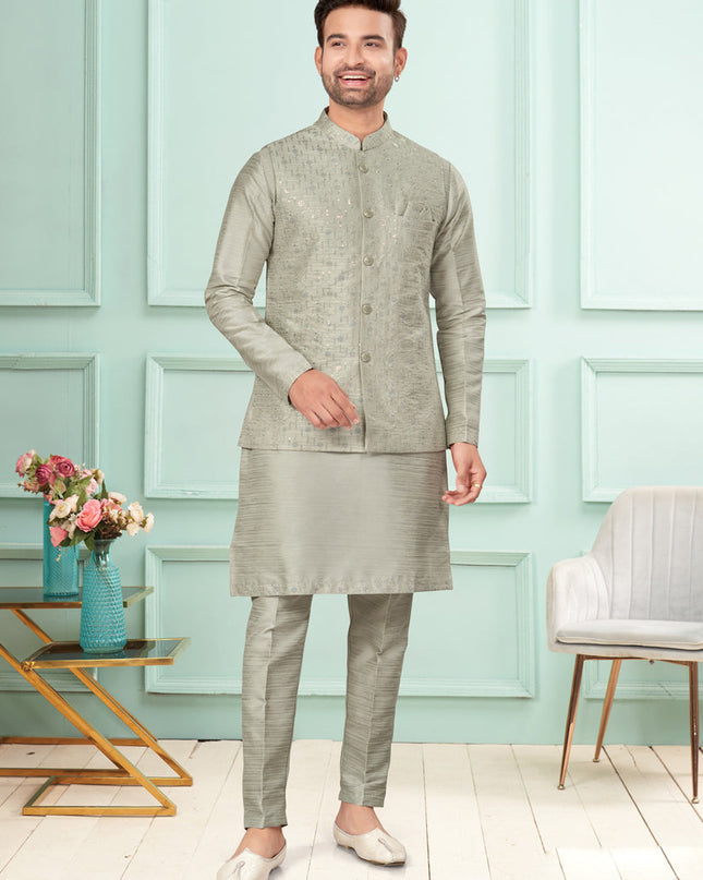 Grey Mens Kurta Pajama Set With Jacket