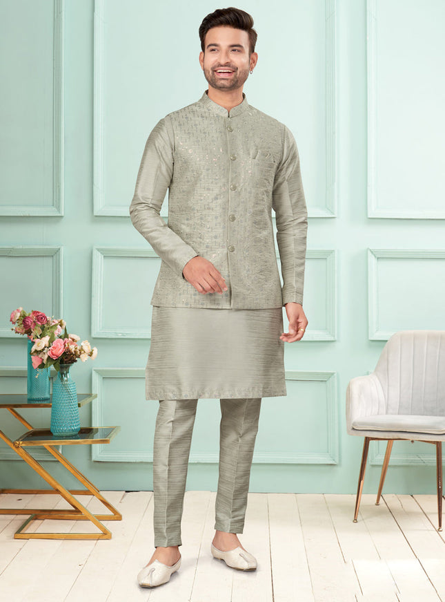 Grey Mens Kurta Pajama Set With Jacket