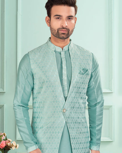 Sea Green Mens Kurta Pajama Set With Jacket