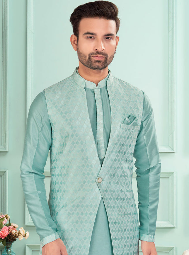 Sea Green Mens Kurta Pajama Set With Jacket