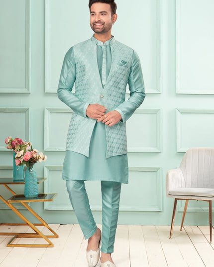 Sea Green Mens Kurta Pajama Set With Jacket