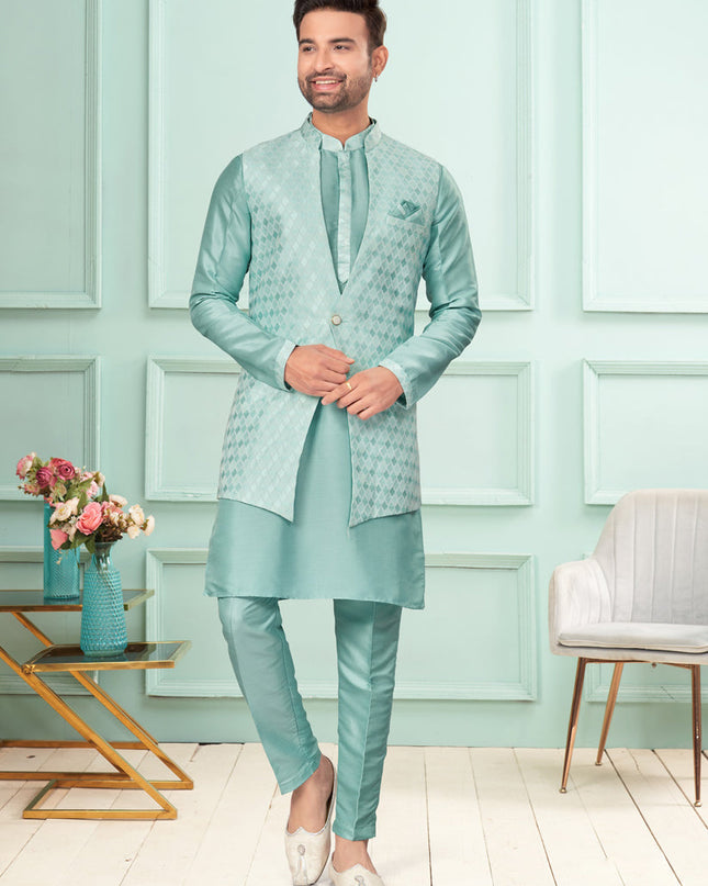 Sea Green Mens Kurta Pajama Set With Jacket