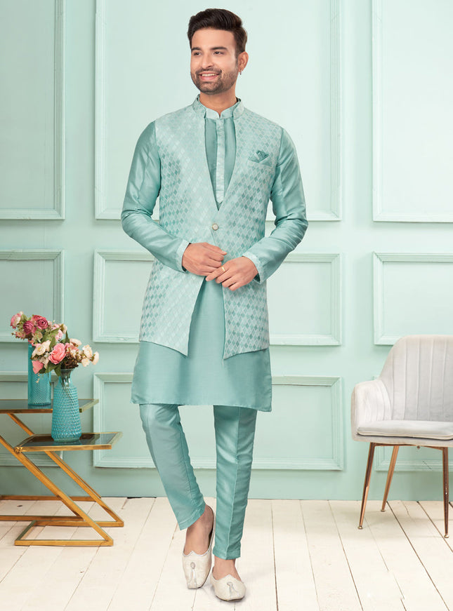 Sea Green Mens Kurta Pajama Set With Jacket