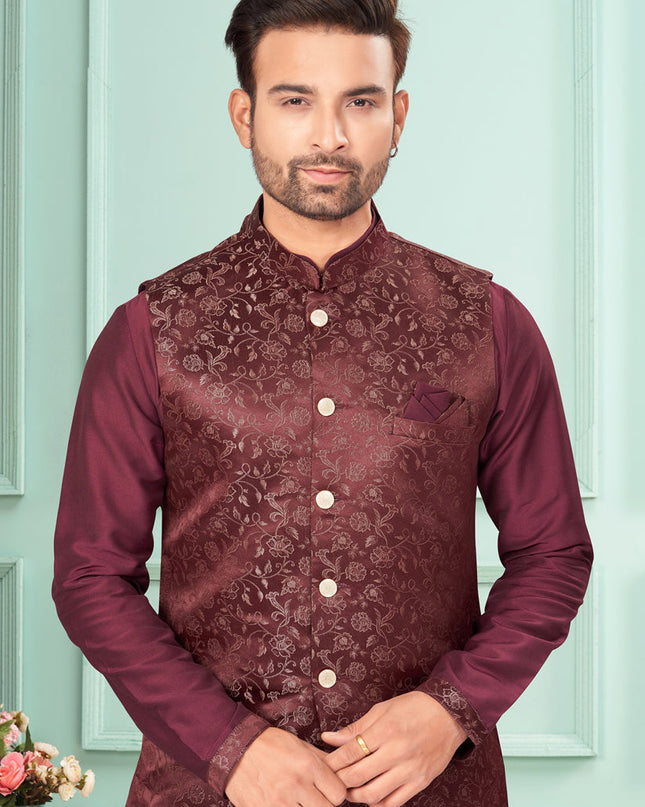 Wine Mens Kurta Pajama Set With Jacket